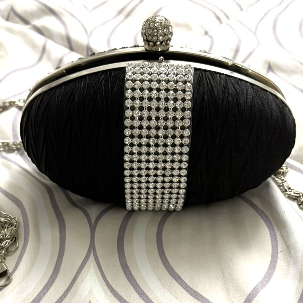 Diamante Mini Black Satin Clutch Bag